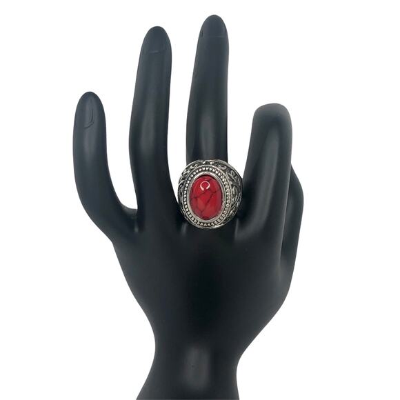 Silver Boho Ring with Red Stone - Size 10 - Picture 2 of 6